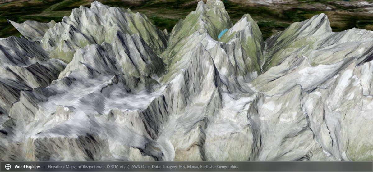 World Explorer in phone landscape, full-screen terrain with gesture controls