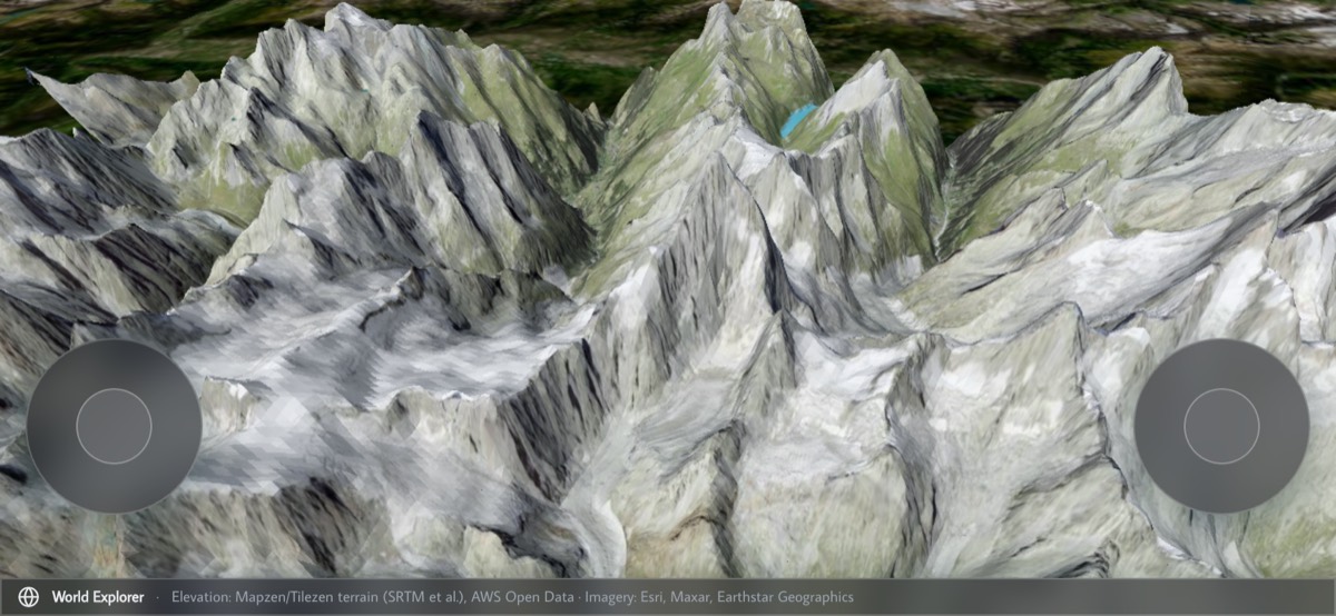 World Explorer in phone landscape with two drone joysticks over the terrain