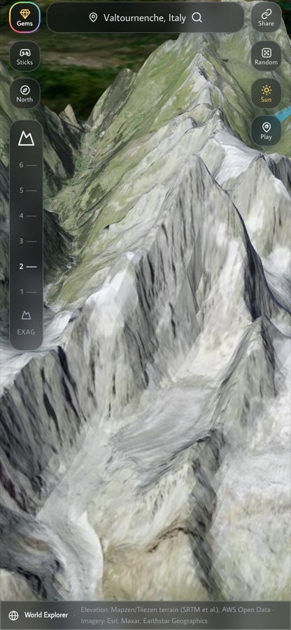 World Explorer on a phone in portrait with gesture controls, Matterhorn terrain
