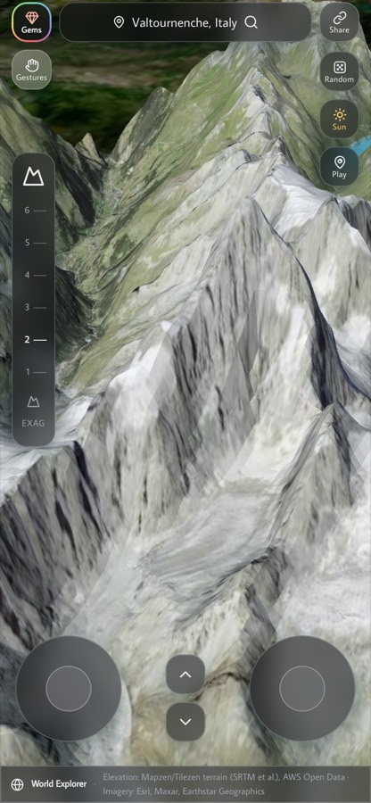 World Explorer on a phone in portrait with two drone joysticks and climb and descend buttons