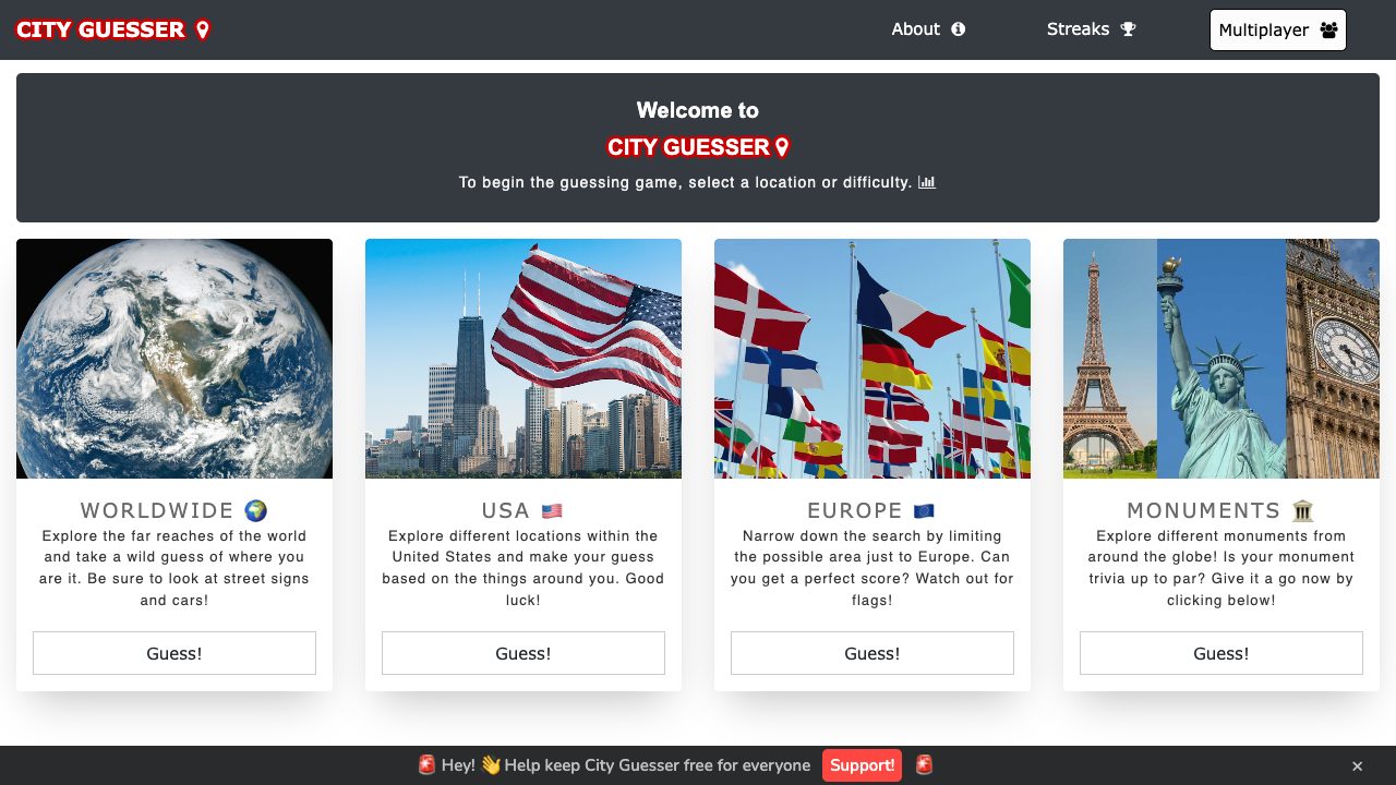City Guesser welcome screen with Worldwide, USA, Europe and Monuments modes