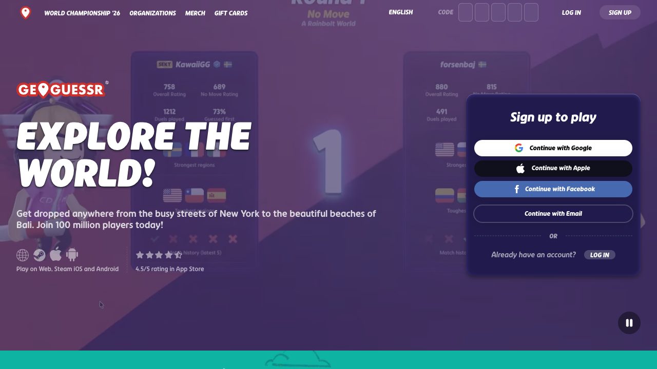 GeoGuessr homepage with the Explore the World headline and sign-up panel