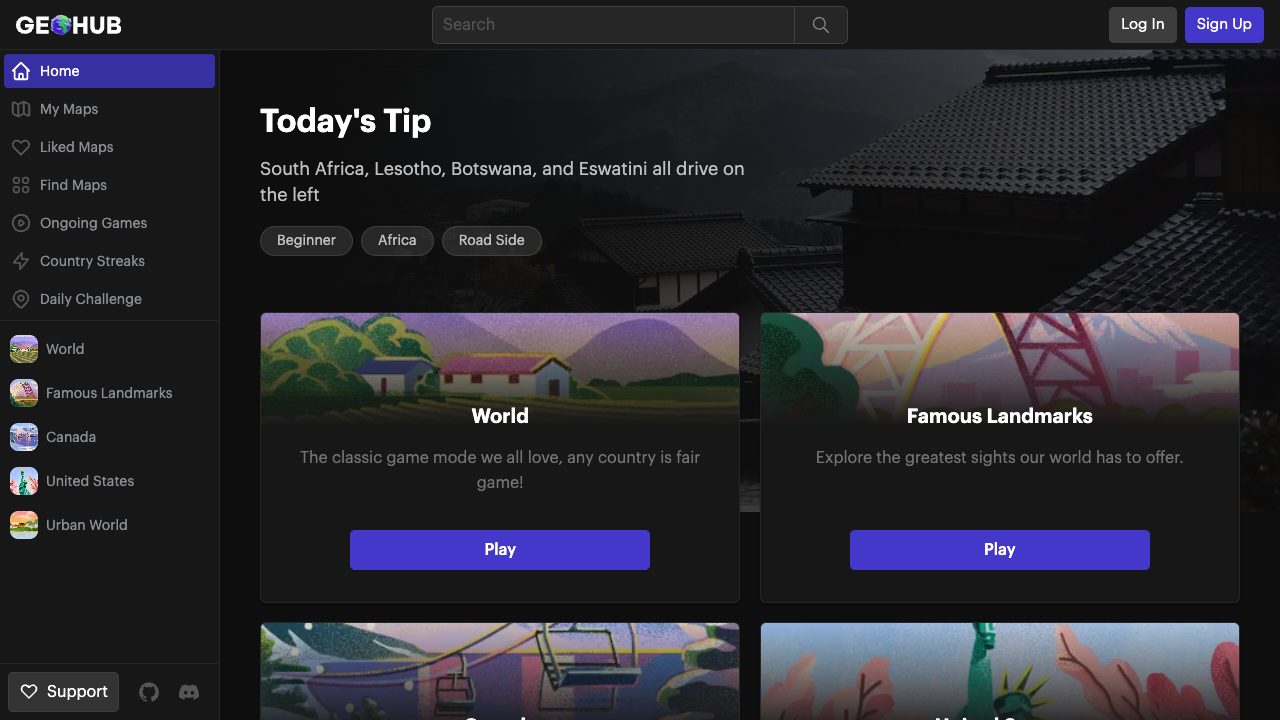 GeoHub home screen with Today's Tip and map choices