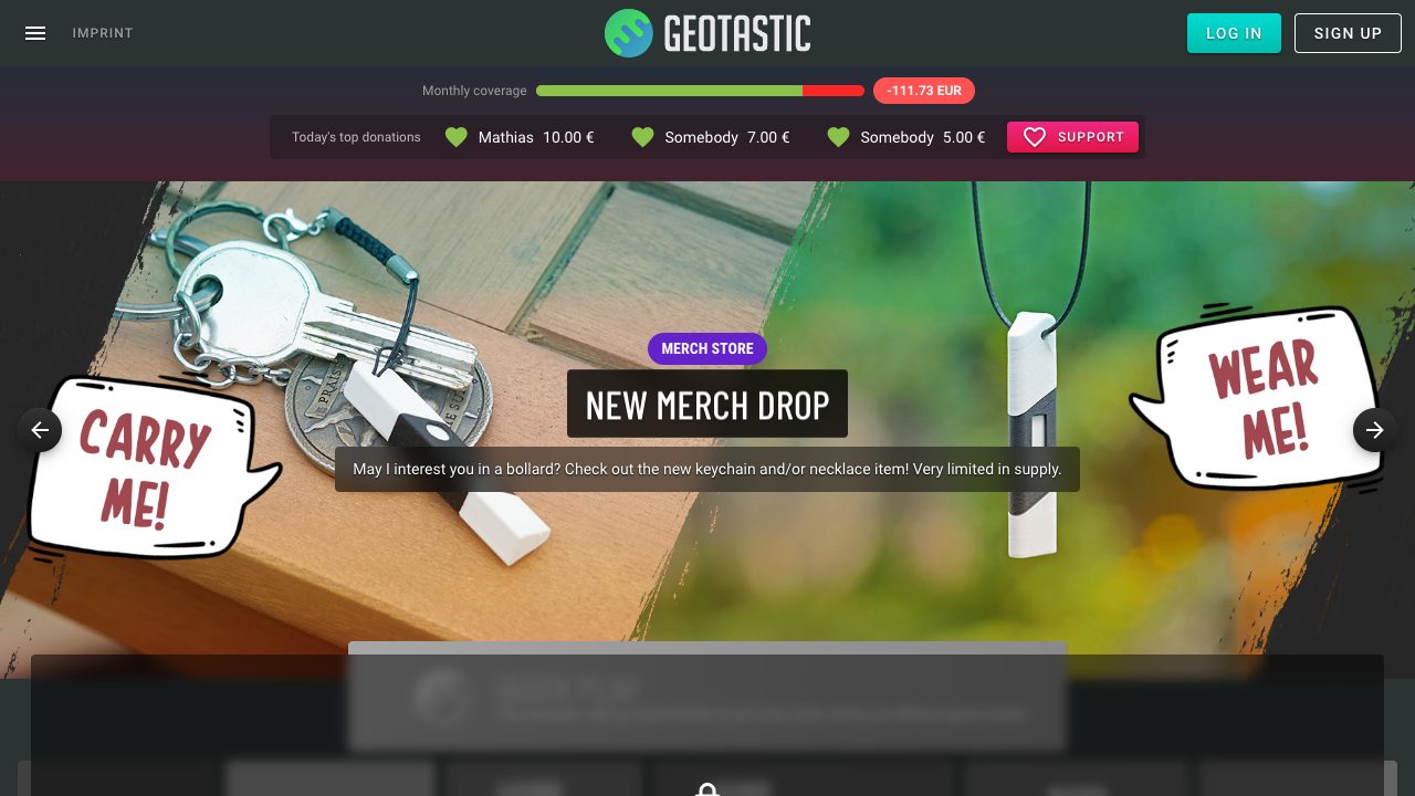 Geotastic homepage with the monthly coverage bar and donation list