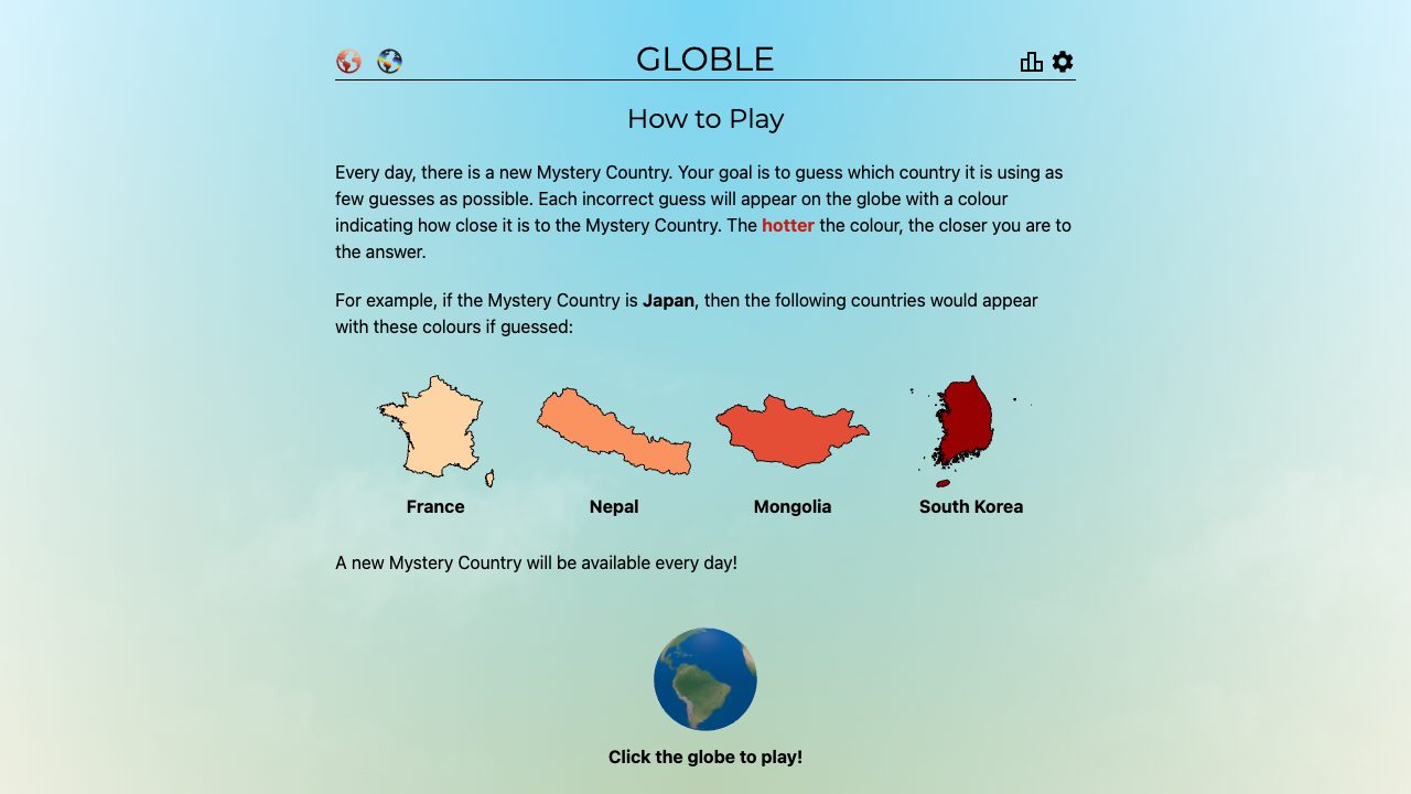 Globle how-to-play screen with hot and cold colours