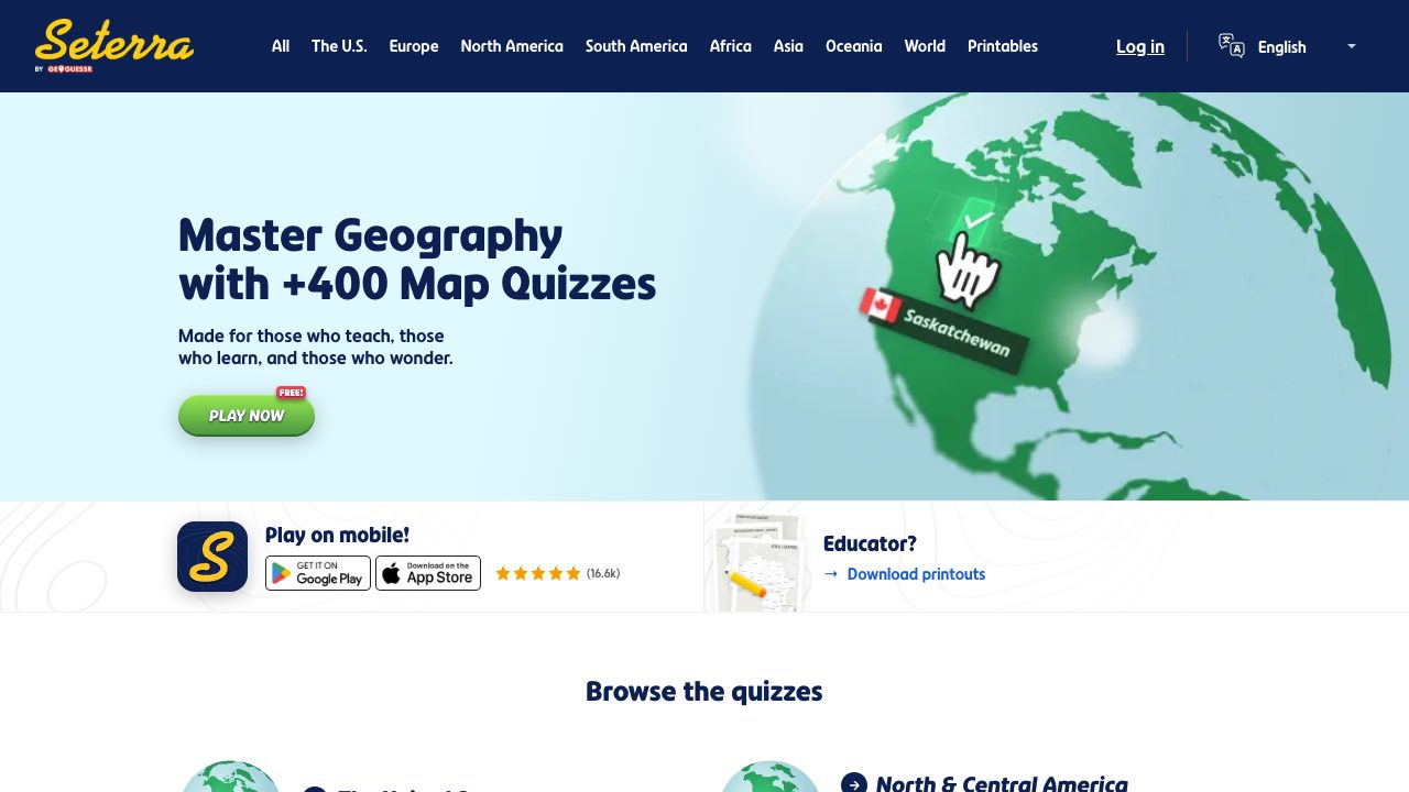 Seterra homepage with Master Geography with 400+ Map Quizzes headline