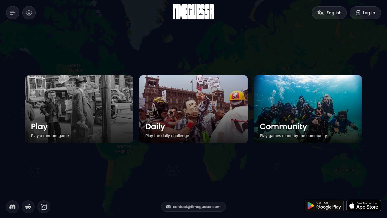 TimeGuessr homepage with Play, Daily and Community options