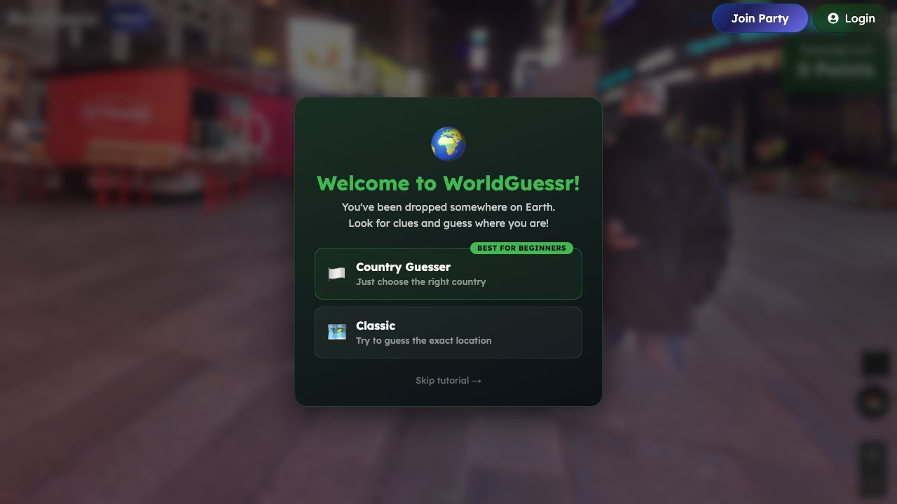 WorldGuessr welcome screen offering Country Guesser or Classic