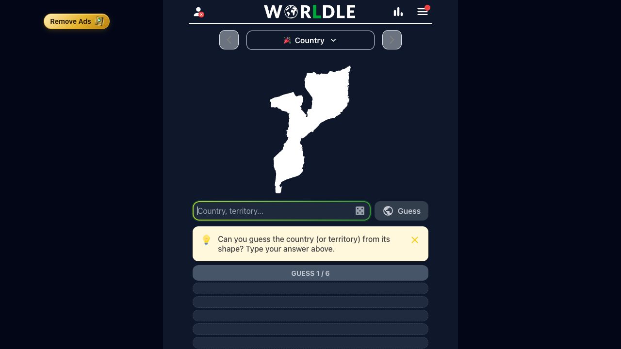 Worldle puzzle showing a country silhouette and guess boxes